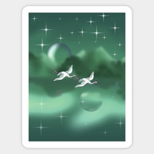 Two Japanese cranes flying over a green lake Sticker